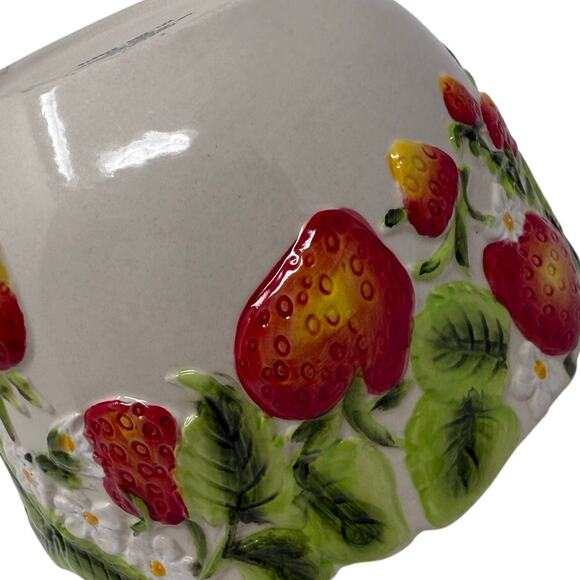 Temptations Strawberry 1.5 Qt Bowl Sculpted Embossed Red Interior Ceramic - Picture 4 of 4